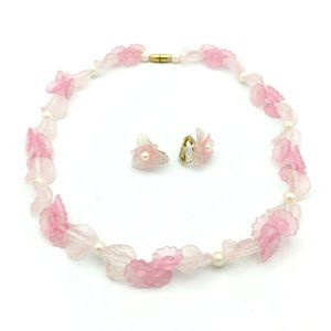 PASTEL PINK vintage flower necklace & clip-on earring set - MCM molded plastic